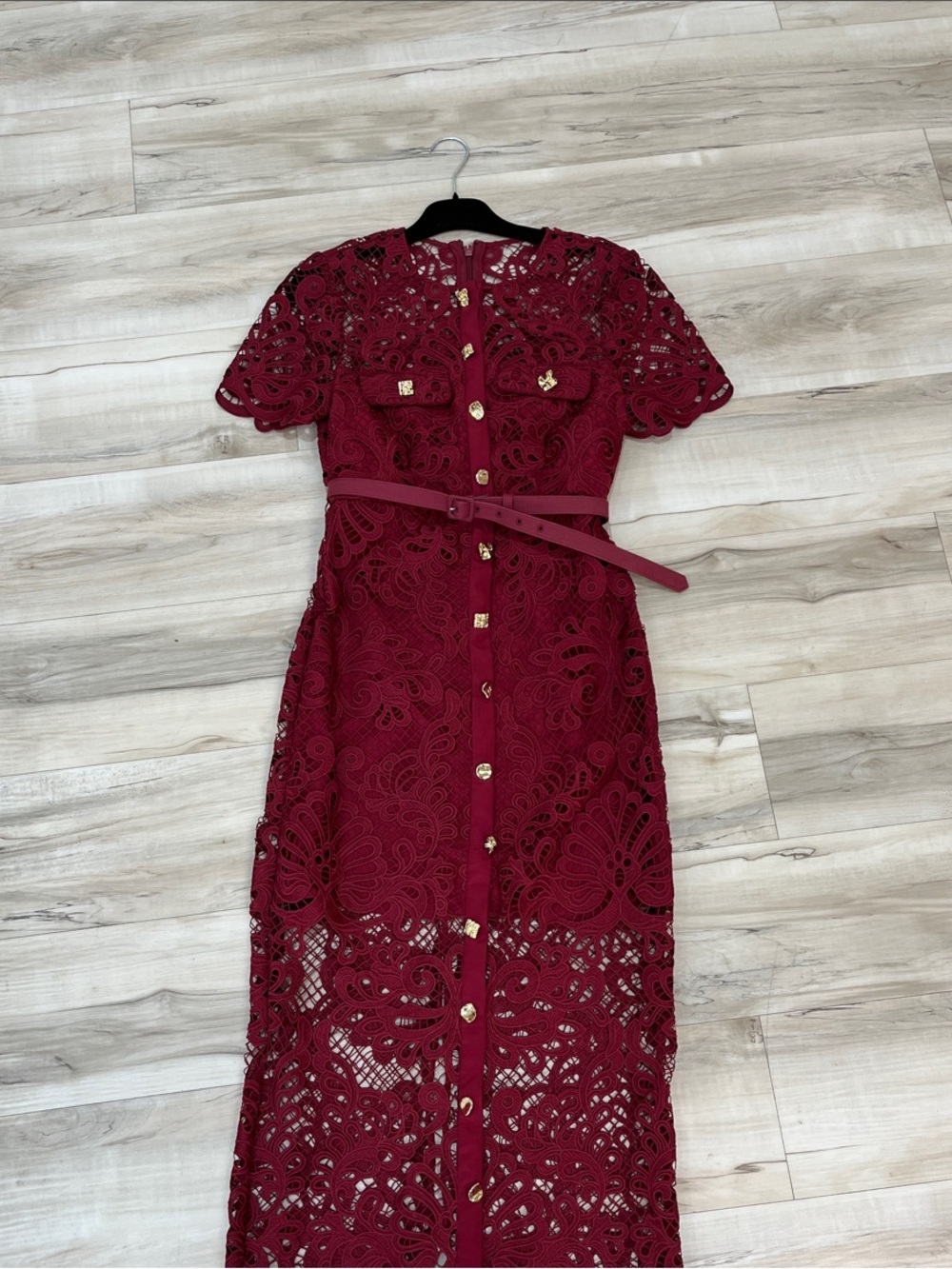Self-Portrait Burgundy Crochet Lace Midi Dress with Belt
